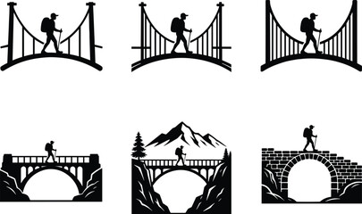 Fototapeta premium Hiker crossing bridge silhouette vector set, mountain adventure traveler walking on suspension and stone bridges isolated black icons collection