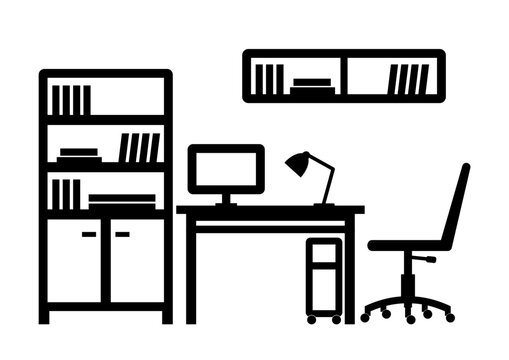 Office furniture, cabinets, shelves, desk, swivel office chair, computer, shelving unit, container under the desk, vector, black symbol