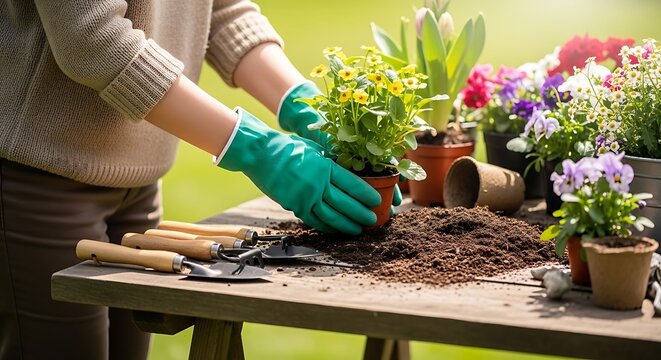 Person gardening planting flowers in pot on table outdoors
