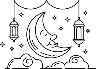 Smiling crescent moon with lanterns and stars