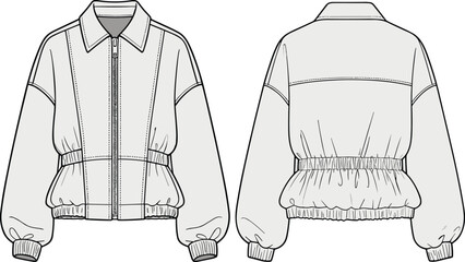 Women bomber jacket vector illustration, front and back view line art, casual zip up outerwear technical drawing, fashion apparel template © It's Majed Here
