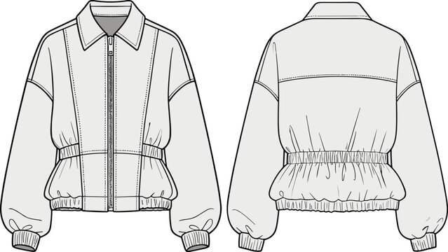 Women bomber jacket vector illustration, front and back view line art, casual zip up outerwear technical drawing, fashion apparel template