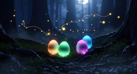 Fototapeta premium Four mystical glowing Easter eggs rest on the dark forest floor illuminated by.