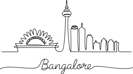 Obraz premium Continuous line drawing of Bangalore cityscape with prominent buildings and skyline viewed from a distance in a simple illustration style
