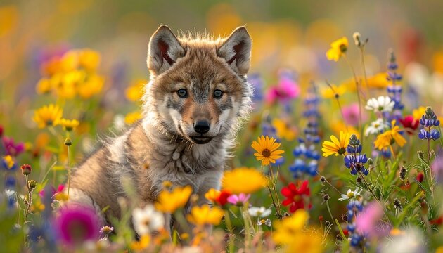 Wolfwelpe im Blumenfeld