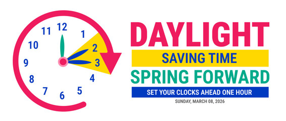 Naklejka na ściany i meble Spring Forward 2026 Daylight Saving Time Reminder Banner: Modern Graphic with Clock Icon Moving from 2 to 3 AM, Sunday March 08 Date, and Instructions to Set Your Clocks Ahead One Hour.