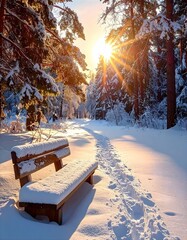 Schneebedeckte Bank in einem Winterwald vor Sonnenuntergang