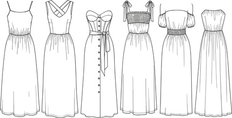 Women's fashion technical drawing set with various maxi dress styles and summer sundress sketches for clothing design and apparel templates. © ferdousi