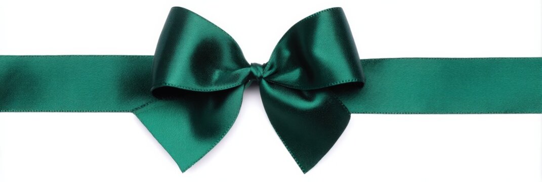 Elegant dark green satin bow with ribbon isolated on white background