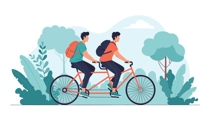 Fototapeta premium Two men with backpacks ride a red tandem bicycle together along a path through a lush green park with many trees and bushes.