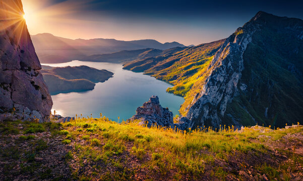 Dramatic sunrise on Bovilla Lake, near Tirana city located. Splendid summer landscape with blooming yellow flowers. Fantastic outdor scene of Albania, Europe. Beauty of nature concept background.