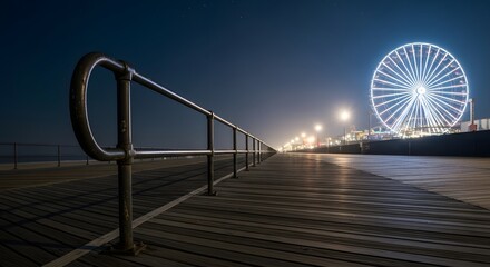 Fototapeta premium A nighttime scene of a boardwalk with a lit up ferris wheel in the background