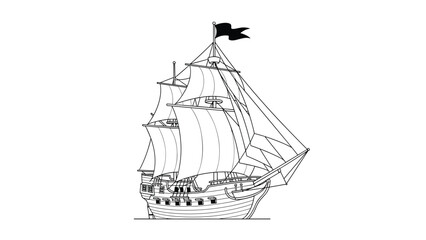 Detailed black and white line art depicts a majestic historic sailing ship with large sails navigating through calm waters.
