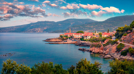Panoramic summer view of Kardamili port. Calm morning scene of Peloponnese peninsula, Greece, Europe. Picturesque morning seascape of Ionian sea. Traveling concept background. © Andrew Mayovskyy