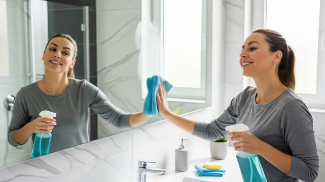 A woman wipes a bathroom mirror with a blue cloth and spray bottle