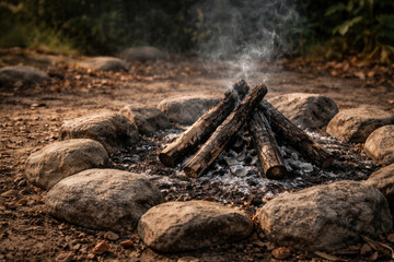 Fototapeta premium An extinguished fire with glowing embers among the stones.