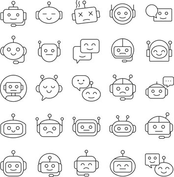 Robotic Faces: A collection of AI chatbot monoline icon set, minimal, clean, vector, outline.