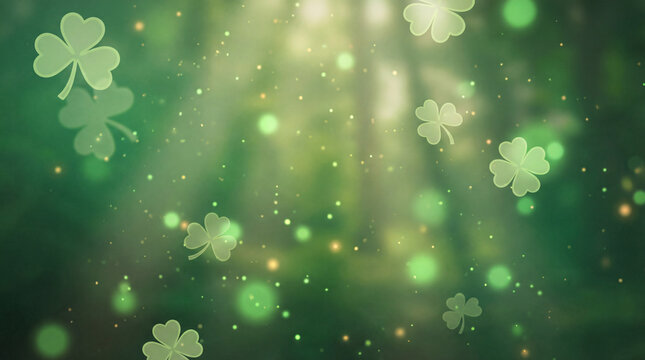 Festive green background for St. Patrick's Day featuring floating semi-transparent shamrock clovers, golden sparkles, and soft bokeh light. Elegant holiday backdrop with copy space.