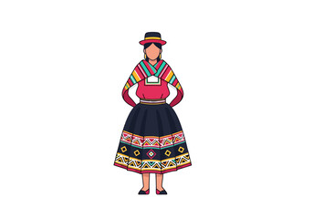 Woman In Traditional Andean Attire Featuring Colorful Woven Patterns And Wide Skirt Standing On White Background Digital Art