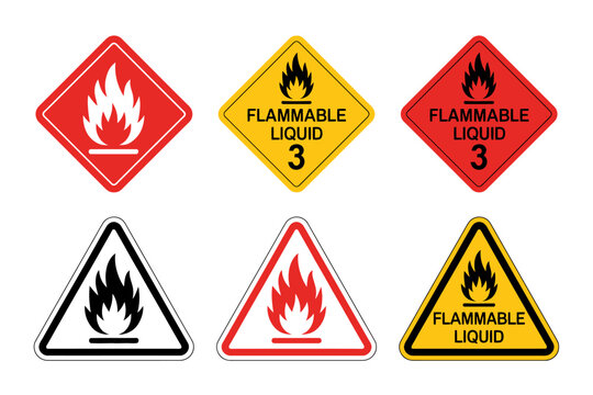 Flammable liquid warning signs and symbols for safety and hazard identification purposes