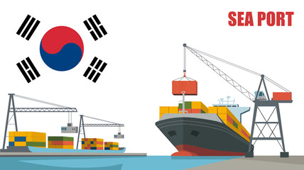 Fototapeta premium South Korean sea port with cargo ships and cranes loading containers