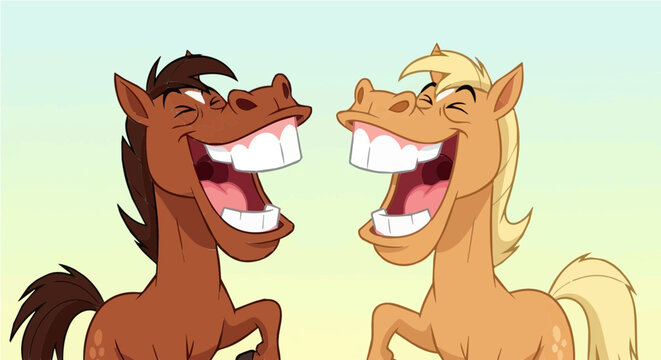 Two cartoon horses laughing hysterically on blue background symbolizing humor and friendship in illustration for animal and comedy themes