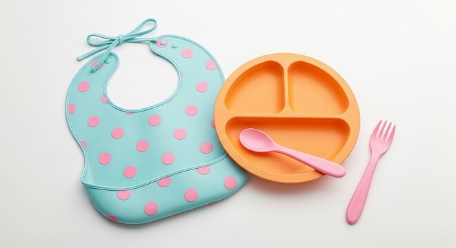 Baby bib plate spoon and fork for mealtime