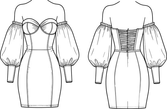 off the shoulder dress drawing Vector off-shoulder dress fashion CAD, woman mini dress with balloon  sleeves technical drawing, a-line short sleeved dress sketch, template,  flat. Jer Stock Vector Image & Art