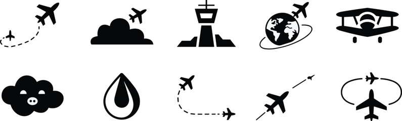 Airplane travel icons set, aviation flight routes, airport navigation symbols, world tourism, transport infographic, black vector illustration, isolated, minimal, design © Sarjina's World