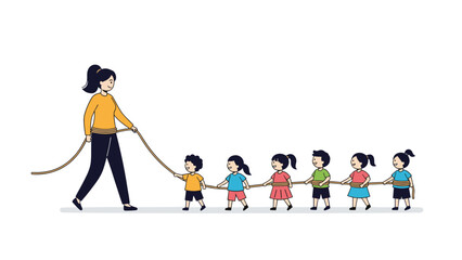 Teacher or mother leading a group of small children walking in a line while safely holding onto a long yellow rope.