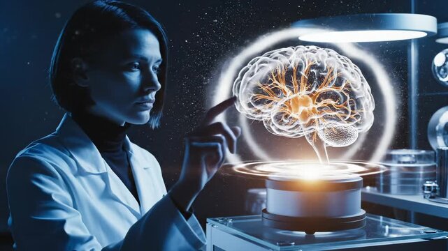 Scientist studies holographic brain in laboratory with advanced technology. Woman examines brain hologram for neuroscience research. Scientist analyzes neural model in lab. Brain research with