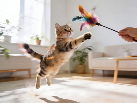 Energetic young cat pouncing on colorful feather wand in bright modern home