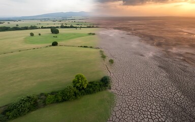 Fototapeta premium Split landscape showing lush green fields contrasting with cracked dry earth under dramatic sky