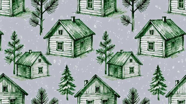 Winter village houses and trees