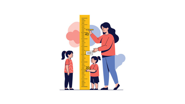 Kind teacher or mother measuring the height of two young girls using a tall wooden stadiometer scale against a soft background.
