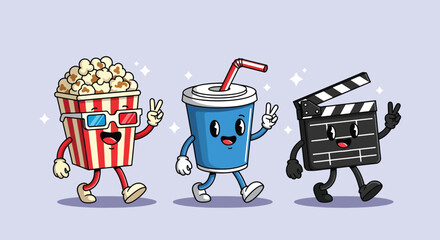 Cute Cartoon Popcorn Soda and Clapperboard Characters Walking Together Vector Illustration. © NFS Studio