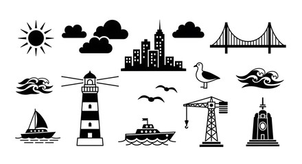 Silhouetted coastal scene featuring elements like buildings, a bridge, sea elements, and wildlife