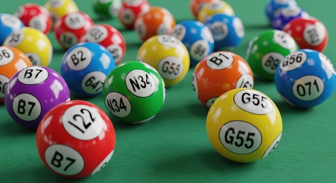 Colorful bingo balls scattered across a vibrant green surface, inviting excitement and anticipation during game night
