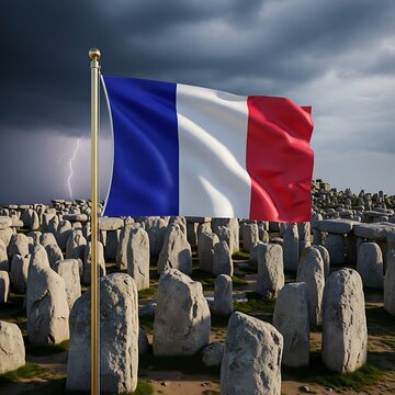 Flag of france flying over carna in brittany during a thunderstorm with lightning