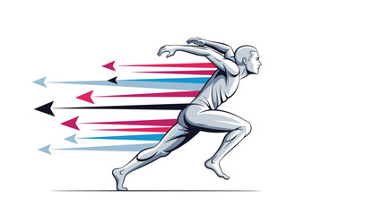 Obraz premium Stylized white silhouette of a runner in a sprinting pose with multiple blue and pink speed lines indicating high velocity.