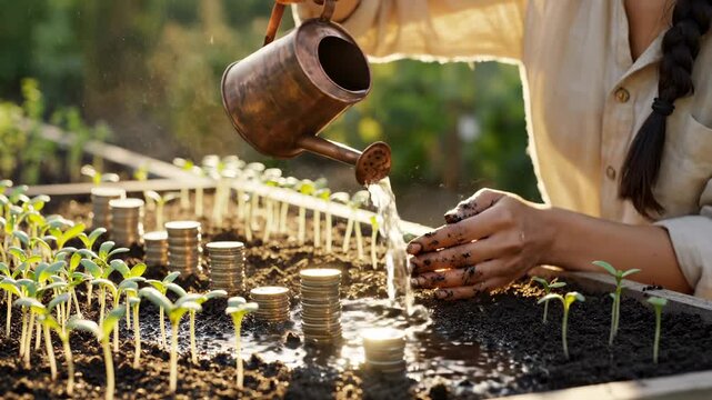 Woman waters seedling and coin stack with copper watering can. Investment growth through seedling care. Woman nurtures coin and plant growth. Sustainable investment with seedling watering.