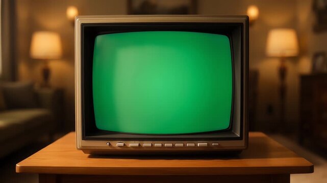 Retro tv set with green screen background and vintage static noise effect