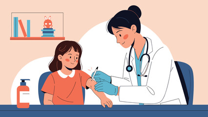 Fototapeta premium Professional doctor in a white coat administering a vaccine shot to a young girl in a clinic or hospital examination room.