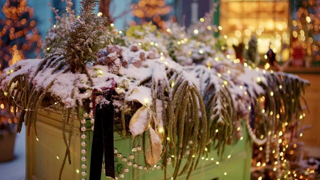 Close up of a decorative planter filled with winter greenery, covered in snow and wrapped with small glowing lights