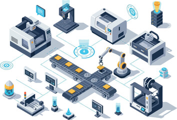 Obraz premium Industrial Automation Process Illustration Featuring Machines, Robotics, and Technology in a Modern Factory Setting from an Overhead Viewpoint