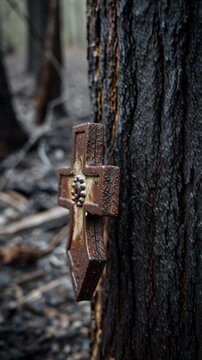 A weathered, rustic cross ornament is affixed to the charred bark of a tree