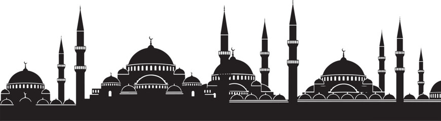 Fototapeta premium Silhouette panoramic skyline of traditional turkish mosques with towering minarets and domed roofs historic istanbul architecture for travel brochure banner background