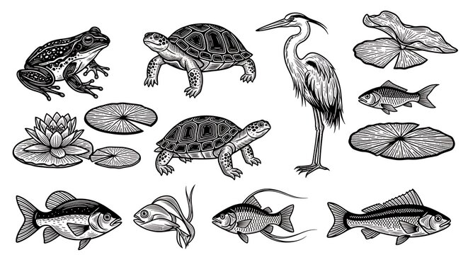 Vector illustration of aquatic wildlife including fish, frogs, turtles, heron, and lily pads