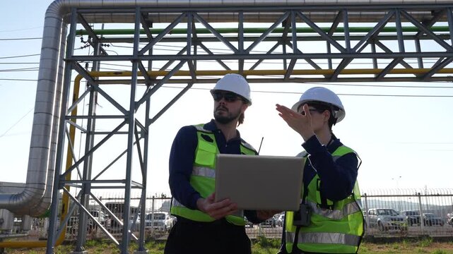 petroleum engineers evaluating hydrocarbon pipeline. Technical reviewing mechanical compliance at outdoor refinery. HSE professionals executing risk mitigation protocols at industrial pipeline grid.