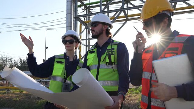 Specialized petroleum engineers evaluating hydrocarbon pipeline infrastructure. Industrial experts conducting facility diagnostics at petrochemical installation.